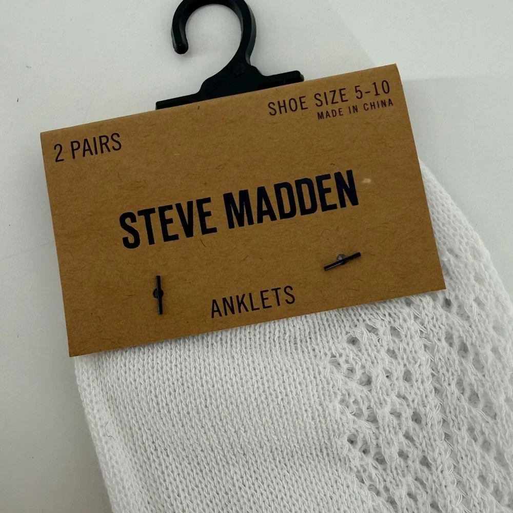 Steve Madden Womens 2 Pack‎ Anklet Socks White Pointelle Striped Black NWT